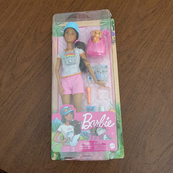 Barbie Hiking Doll Brunette with Puppy & 9 Accessories Including Backpack New - Picture 1 of 15
